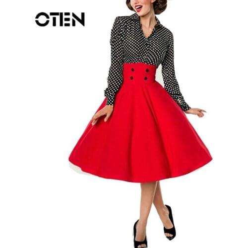OTEN Womens polka dot button long sleeve Polka Dot top stitching retro Hepburn swing A-line dress