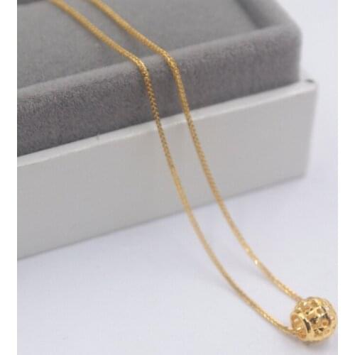 Fine 18k Yellow Gold Pendant Luck Hollow Round Ball / Pure 18k Yellow Gold Wheat Foxtail Chain Necklace 18"L Gift For Women