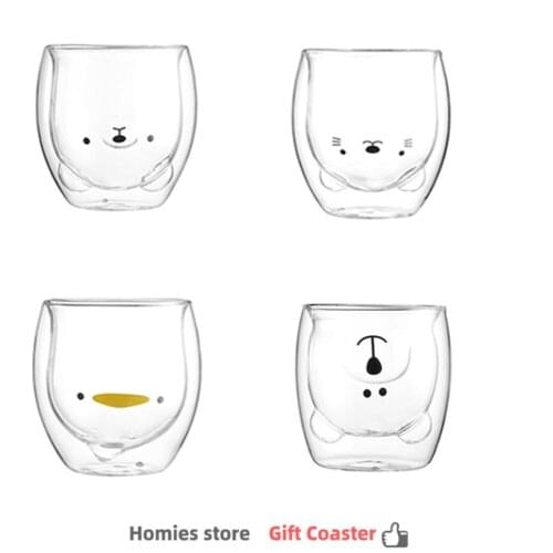 NEW 4/lot Cute Double-layer Animal lass Cup Cat, Bear, Panda mug Household products Drinkware Mug For Coffee Tea Juice Cup Glass