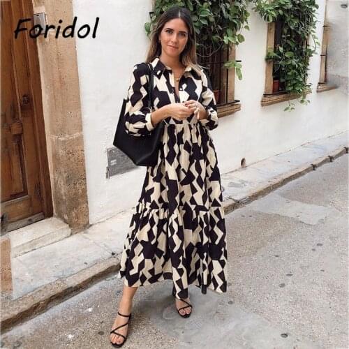 Foridol Geometric Print Black Shirt Dress Casual Elegant Autumn Winter Womens New Dress Vestidos Robe Femme Long Sleeve Dress