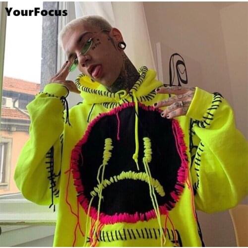 Harajuku hip hop kpop gothic streetwear oversize hoodie handmade tassels sad face embroidery fluorescent green hoodies women men