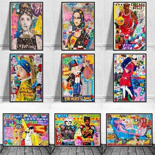 Graffiti Artwork of Mona Lisa Hepburn Alec Monopoly Canvas Painting Posters Pop Street Art Pictures Modern Home Wall Decoration