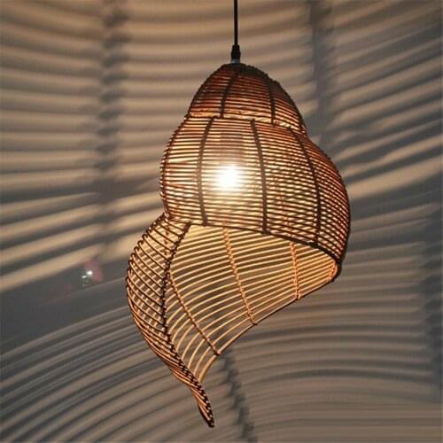 Chinese Classic Vintage Bamboo LED Pendant Lamp Sea Snail Shape Wicker Rattan Lamp Art Lights Chinese Parlor Home Decor Fixtures