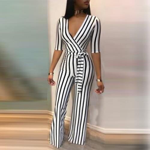 New Fashion Striped Jumpsuits Elegant Women Deep V-Neck Overall Pants With Belt Casual Slim Fit Jumpsuit