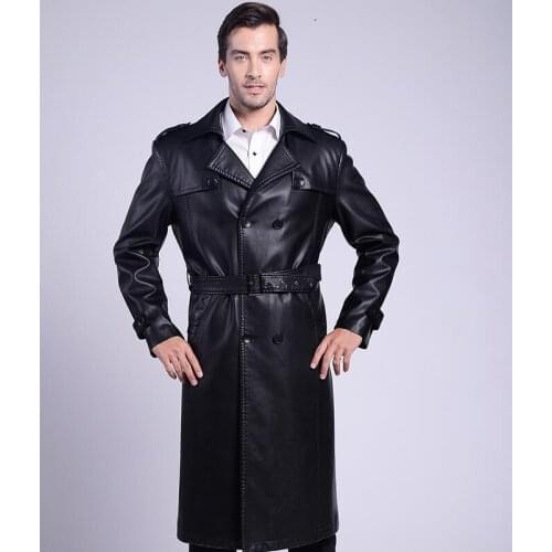 Korean winter black suits collar casual leather coats men slim ouble breasted long coat mens leather trench coats fashion 4XL