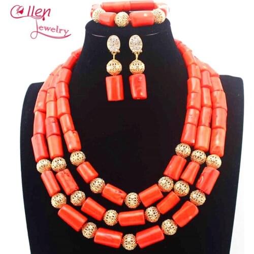 Costume African Jewelry Set Dubai earrings Natural Coral Nigerian Wedding Indian Bridal Necklace Set Free Shipping E1099