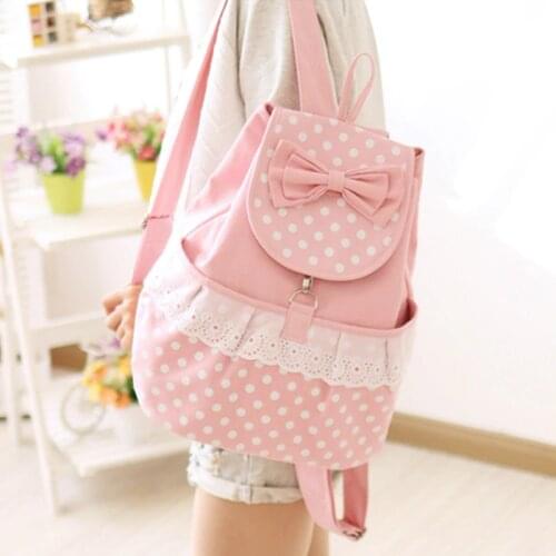 Adomoe Japan Style Kawaii Dot Lace Bow Backpack Teens Casual Canvas School Bag Korean Mori Girl Fresh Students Travel Backpacks