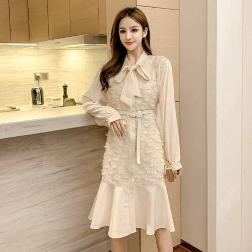 Will spring a new long sleeve shirt bowknot splicing tassel loose thin long dress in female