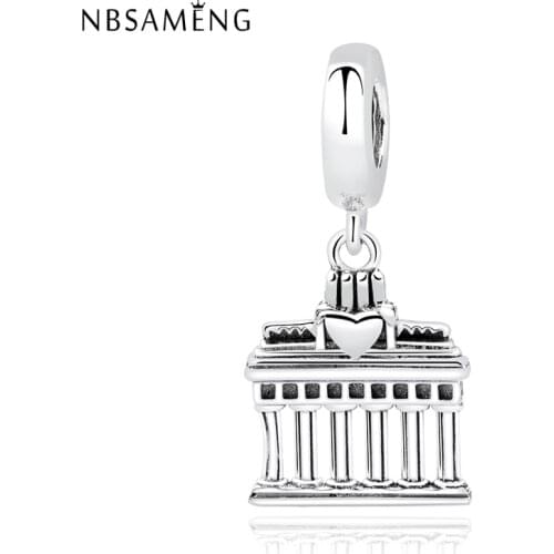 New Real 925 Sterling Silver Bead Charm Greek Parthenon Temple With Heart Pendant Charms Fit Bracelets Women DIY Jewelry