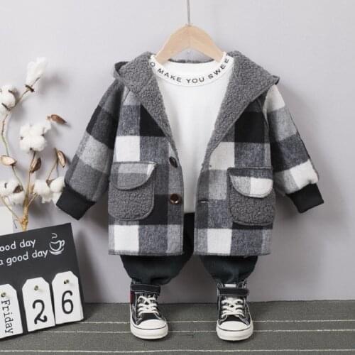 Autumn Fashion Lattice Children Outwear Wool Coat For Boys Hooded Thicken Jacket Boys Windbreaker Kids Clothes Overcoat 2-6T