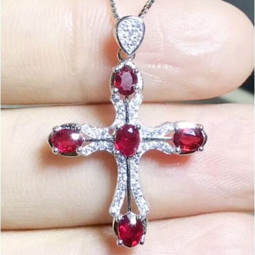 Natural ruby necklace pendant Free shipping 925 sterling silver Cross style 0.35ct*5pcs gemstone Fine jewelry #J18071903