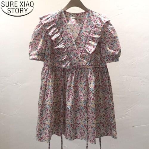 2021 Chiffon Dress Summer Korean Chic Sweet V-neck Ruffle Bubble Sleeve Floral Dress Casual Dresses for Women Vestidos 15039