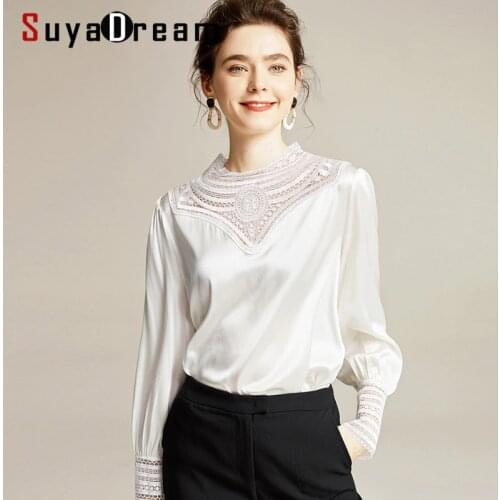 SuyaDream Women Solid Silk Satin Blouses 97%Silk 3%Spandex Long Sleeved Lace Round Collar Office Blouse Shirt 2020 Spring Shirt