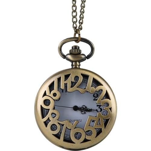 Vintage Creative Bronze Craved with Big Arabic NumeralsDesign Fashion Quartz Pocket Watch with Necklace Chain