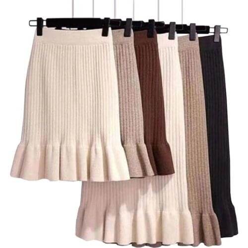 Elastic High Waist Women Skirts 2020 Autumn Winter Warm Elegant Ladies Fishtail Knitted Skirt Ribbed Midi-Long Party Skirt