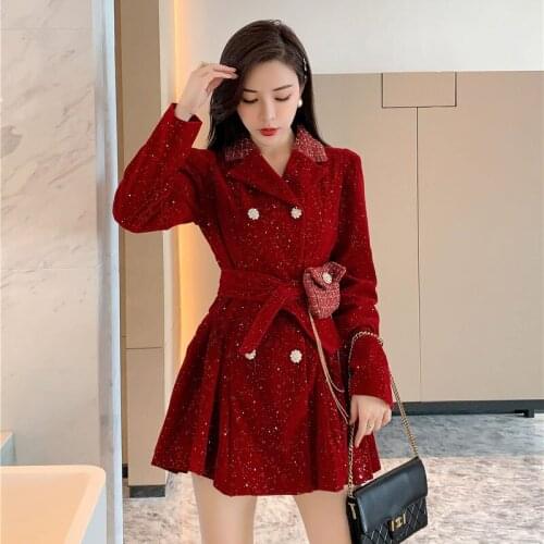 Floral Buttons Double Breasted Blazer Mini Dress Women Plaid Turn Down Collar Velvet Dress Vintage Sequines Autumn Party B518