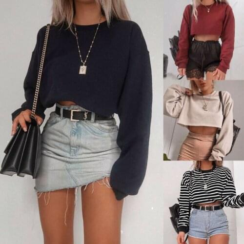 Women Crop Top Striped Sweatshirt Long Sleeve Jumper Sweater Coat Sports Pullover Tops Young Lady Autumn High Street Clothes