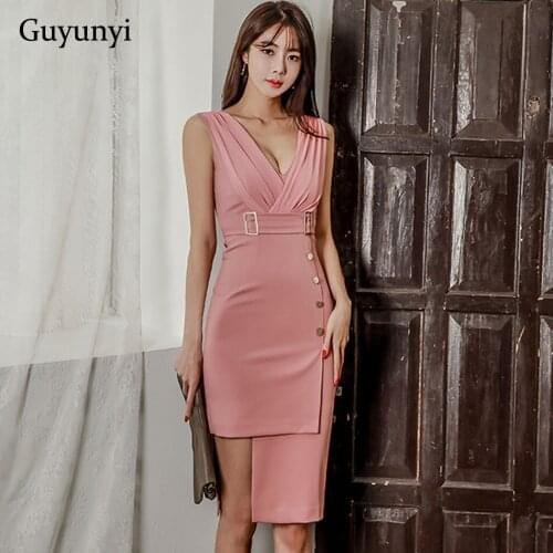 Pink Elegant Office Dress Summer Asymmetrical Slim Fit Sleeveless Small Sexy V-Neck Chiffon Decoration Sheath Party Dress Women