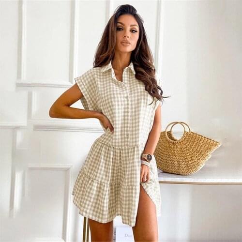 Summer Plaid Ruffle Shirt Dresses For Women Casual Turn-Down Collar Button Loose Mini Dress 2021 New Holiday Party Dresses