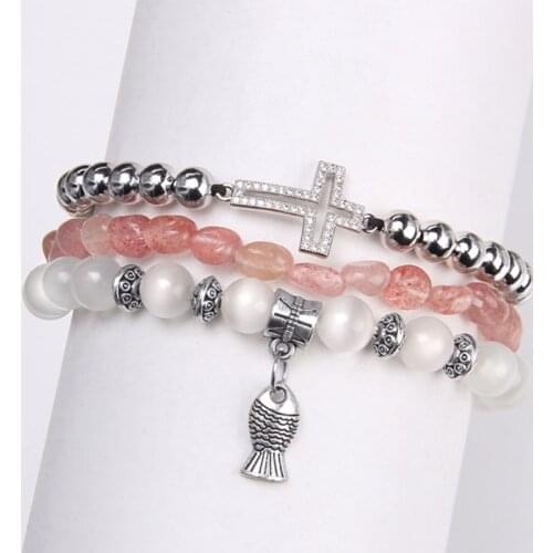 3pcs/Set Freeform pebble natural pink Strawberry Crystal silver color Hematite white beads fish cross charm Braiding bracelet