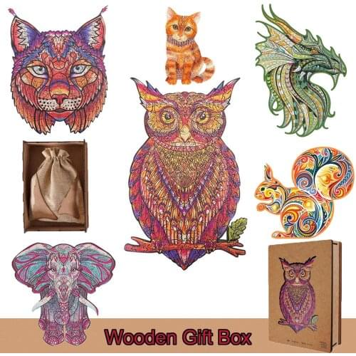 3D Wooden Toys Mysterious Animal Shape Colorful Wooden Jigsaw Puzzles Board Game For Adults Kids Puzzle With Wooden Gift Box