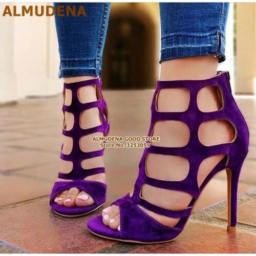 ALMUDENA Purple Suede Cut-out Cage Sandals Stiletto Heels Net Criss Cross Strappy Dress Shoes Bridal Pumps Dropship Party Shoes