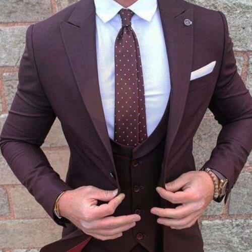 ANNIEBRITNEY 3 Piece Burgundy Slim Fit Men Formal Suit Custom Skinny Groom Wedding Tuxedo Slim Fit Prom Wedding Men Suit Set