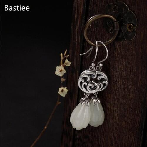 Bastiee Silver 925 Jewelry 925 Sterling Silver Earrings Dangle Earrings Vintage Inlaid Red Agate Korean Earrings Silver