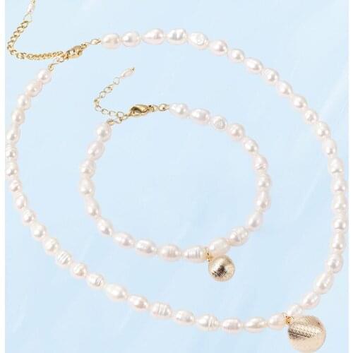 2021 Fashion Women Pearl Beaded Necklaces Metal Ball Pendant Simple Vintage Necklace Matching Bracelet Korea Popular Jewelry Set