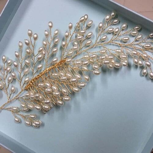 Gold Pearl Bridal Hair Combs Jewelry Handmade bBride Tiaras Headpiece Hair Comb Pageant Wedding Women Hair Accessories LB