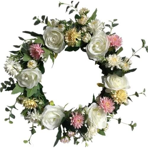 Artificial Rose Flower Wreath Chrysanthemum Wreath Spring Wreath for Front Door Wedding Party Window Wall Home Decor