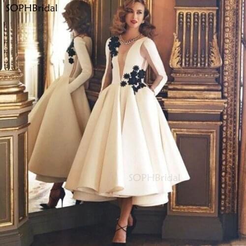 New Arrival Ivory A Line Cocktail Dresses 2021 Long Sleeves Tea Length Formal Gowns Homecoming Party Dress платье Robe de Soirée