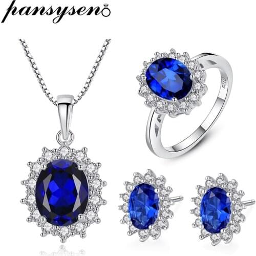 PANSYSEN Sapphire Gemstone Necklace/Earrings/Ring Set Pure 925 Sterling Silver Wedding Engagement Fine Jewelry Sets Wholesale