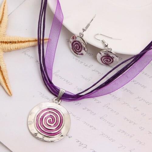 Fashion Jewelry Set Purple Multi Layers Rope Chian Round Pendants & Necklaces Drop Earrings For Women Set Wedding Jewelry Sets