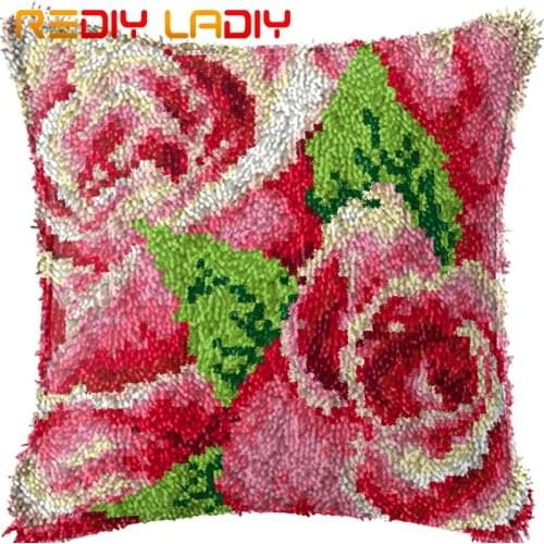 Latch Hook Cushion Red Rose Pre-Printed Canvas Cushion Front Acrylic Yarn Crochet Pillow Case Kits Sofa Bed Pillows Home Decor