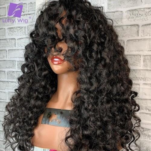Luffy Curly Wig Human Hair With Bangs Brazilian Remy Hair Machine Wigs With Scalp Top Spin 200% Density For Black Women Luffy
