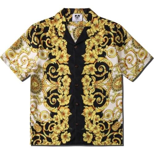 2021 Summer Floral Print Gold Short Sleeve Button Up Shirt Men Hawaii Vacation Beach Casual Hawaiian Shirts Camisas Para Hombre