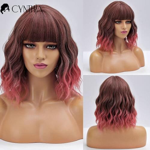 Short Wave Ombre Red Colored Hair Synthetic Wigs With Bangs For Women Wavy Natural Daily Heat Resistant Cosplay Fibre Female Wig