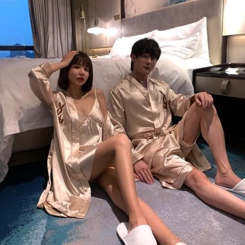 Pajama suit Satin Silk robe + shorts & robe+nightdress Pajamas Sets Couple Sleepwear Family Pijama Lover Night Suit