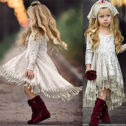 Girl Flower Dress Baby Girls Velvet Tassel Long Sleeve Princess Party Pageant Dress