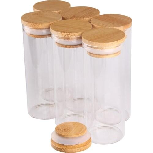 6 pieces 150ml Size 47x120mm Transparent Glass Bottles with Bamboo Caps Spice Storage Jars for Wedding Favors DIY Crafts