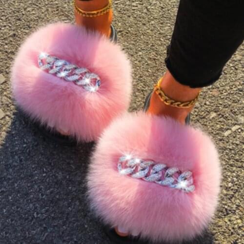 QIUCHEN 2021 Furry Fur Slippers Fluffy Flip Flops Diamond Chain Real Fur Slides For Women Ladies House Slippers