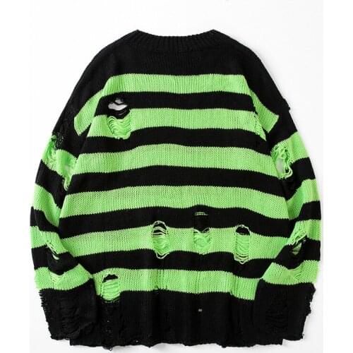Striped Sweaters Women Punk Unisex Sweater Autumn Hollow Out Hole Broken Jumper Loose Oversized Pullouvers Harajuku Streetwear