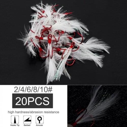 20pcs /lot Feather Treble Fishing Hooks 2# 4# 6# 8# 10# Tied Round Bend Barbed Triple Red Hooks with White Feather