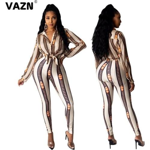 VAZN 2020 Special sexy women 2-piece long striped set full sleeve singer breasted fky T shirt long pants set office lady new set