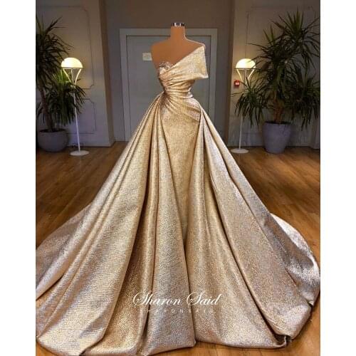 Dubai Gold Mermaid Evening Dress with Overskirt 2021 Luxury Long Prom Formal Dresses Black Girls Graduation Party Gowns Wedding
