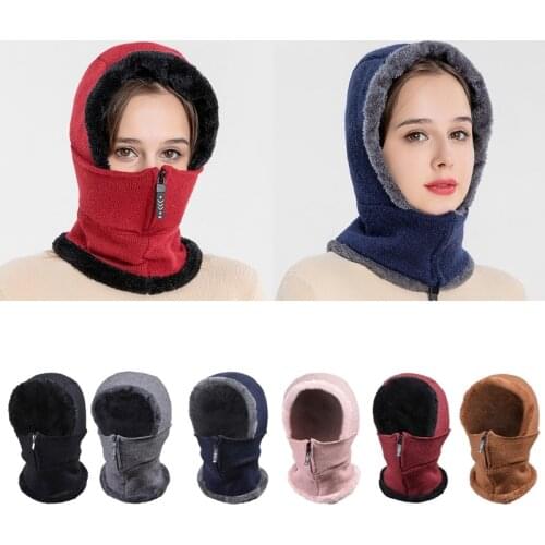 Women Winter Knit Balaclava Beanie Hat Solid Color Zipper Ski Face Mask Windproof Plush Lined Earflap Cap Neck Warmer