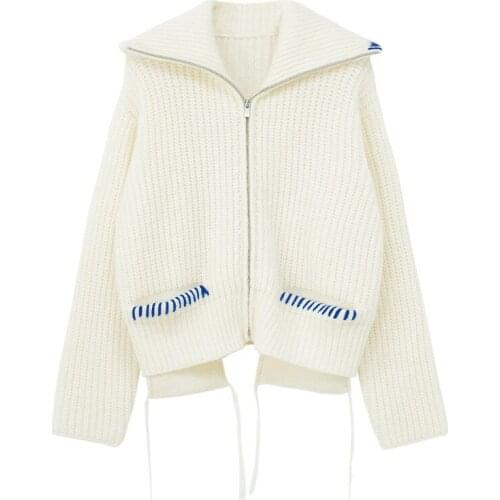 Good Quality Autumn Winter Womens Clothing Korean Lapel Thread Zipper Knitted Beige Cardigan Intellectual Sweater Coat Women