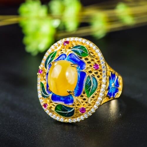 Retro Silver Jewelry S925 Sterling Silver Cloisonne Natural Beeswax Gems Peony Flower Women Open Ended Ring Wholesale