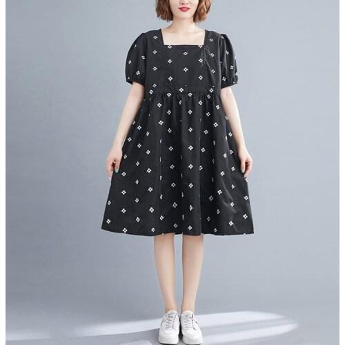 Women Summer Knee-length Casual Dress New Arrival 2021 England Style Square Collar Loose Ladies Elegant Party Dresses B748